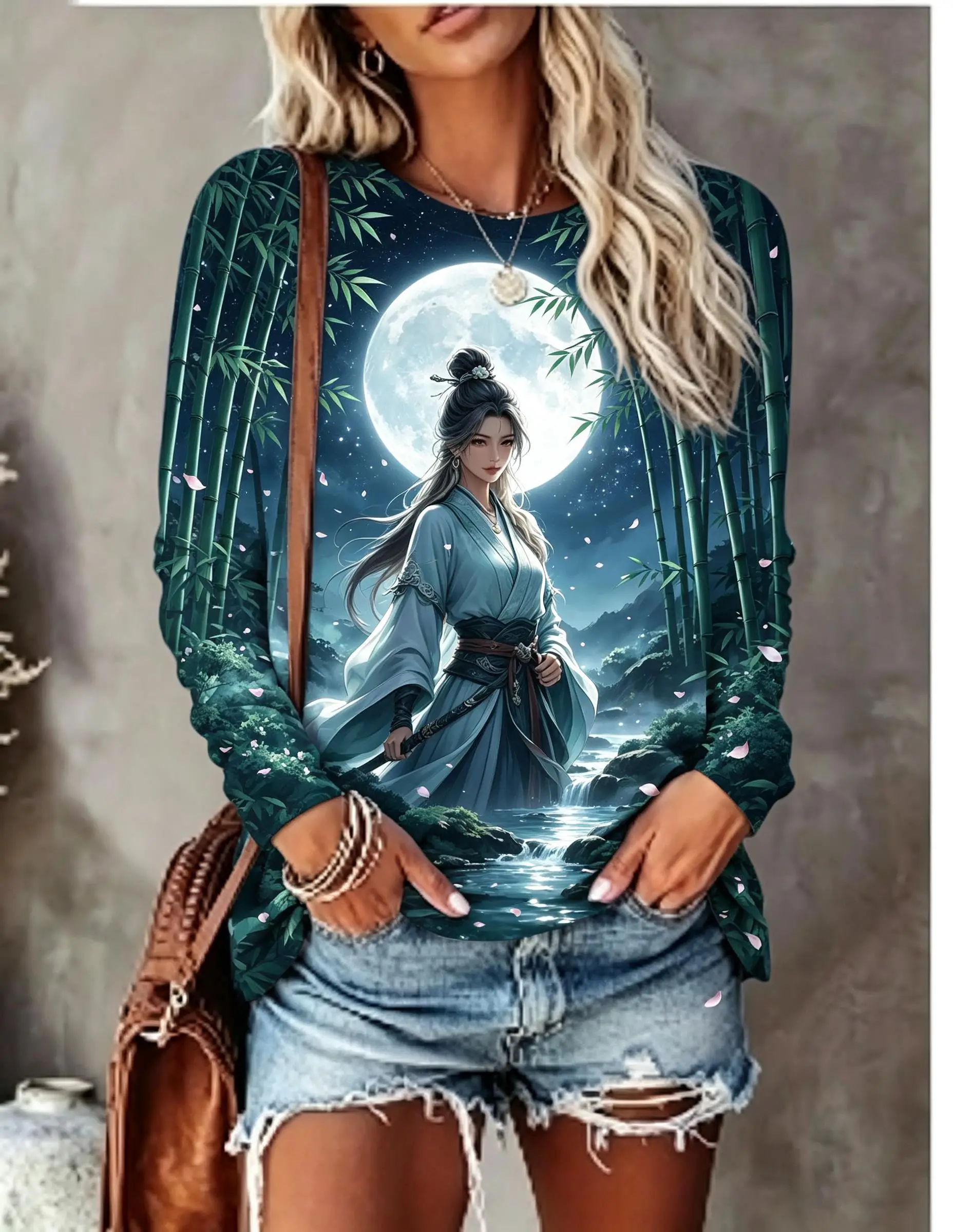 Women Long Sleeve T‑Shirt Ancient Chinese Beauty Moon Maple Leaf Mountain River Print Crew Neck Casual Tops