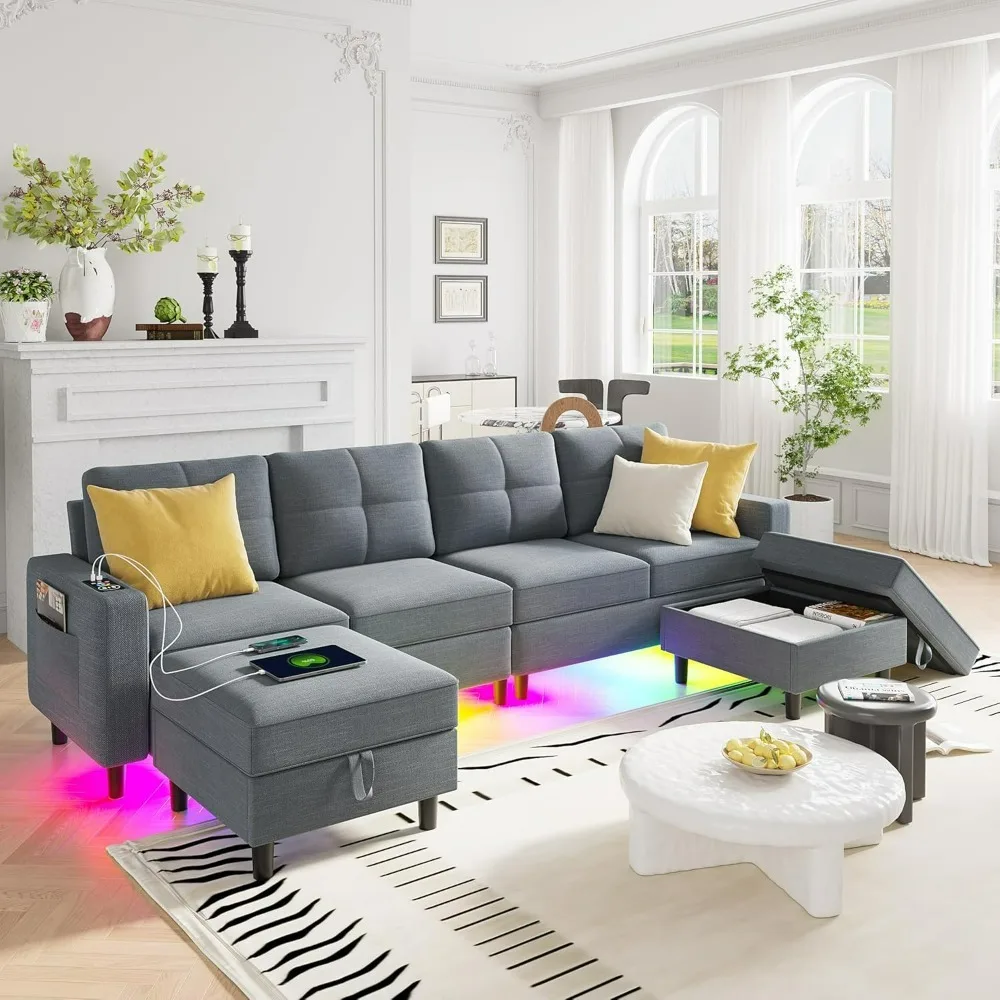 Modular sectional sofa for the living room, featuring U/L shapes with RGB lights and storage ottoman.