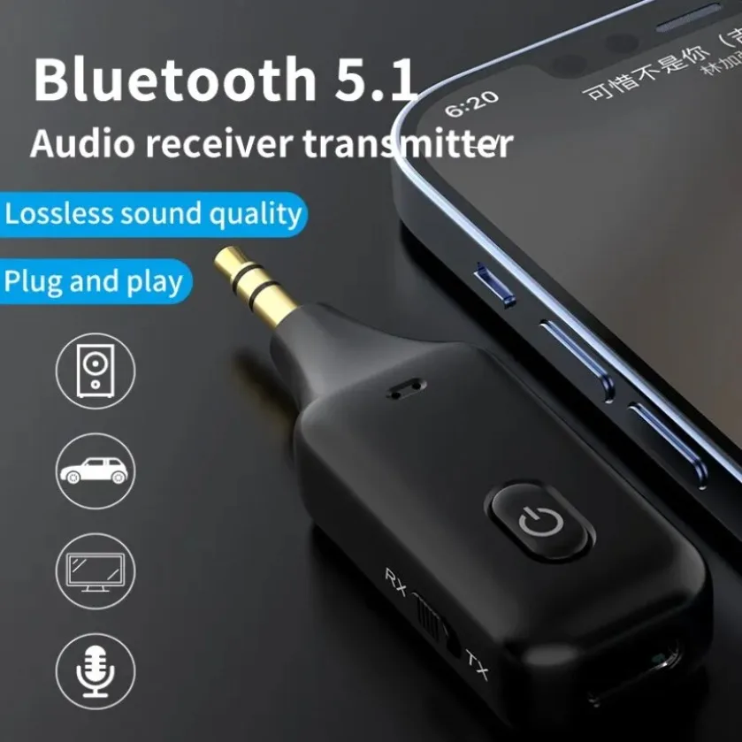 XIKCU 2 IN 1 Wireless Audio Adapter Bluetooth 5.1 Receiver Transmitter 3.5 AUX Jack Handsfree Call for Car Kit PC TV Headphones