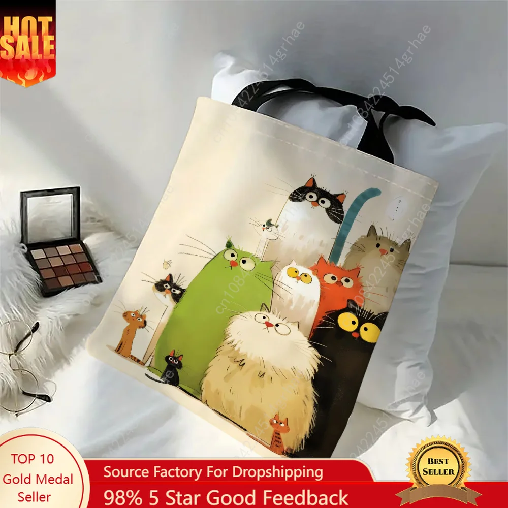 1pc Whimsical Cartoon Cats Tote Bag Cartoon fish Shopping Bags for Ladies Gift Eco Foldable Reusable Shopping Bag Outdoors bags