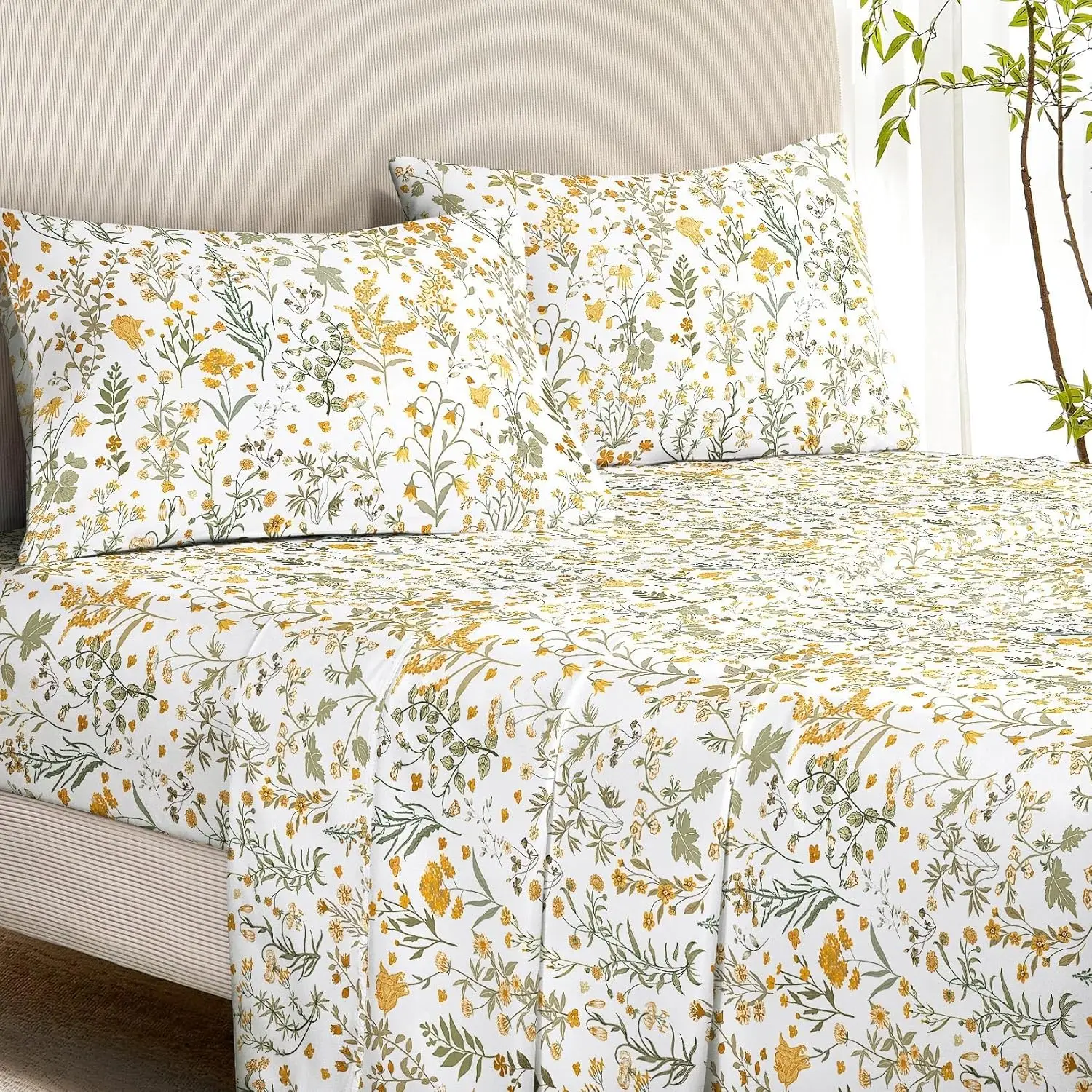 

Floral Bed Sheets 4-Piece Set, Botanical Flower Shabby Chic Vintage Aesthetic Bedding, Deep Pocket, Orange White, Full Size