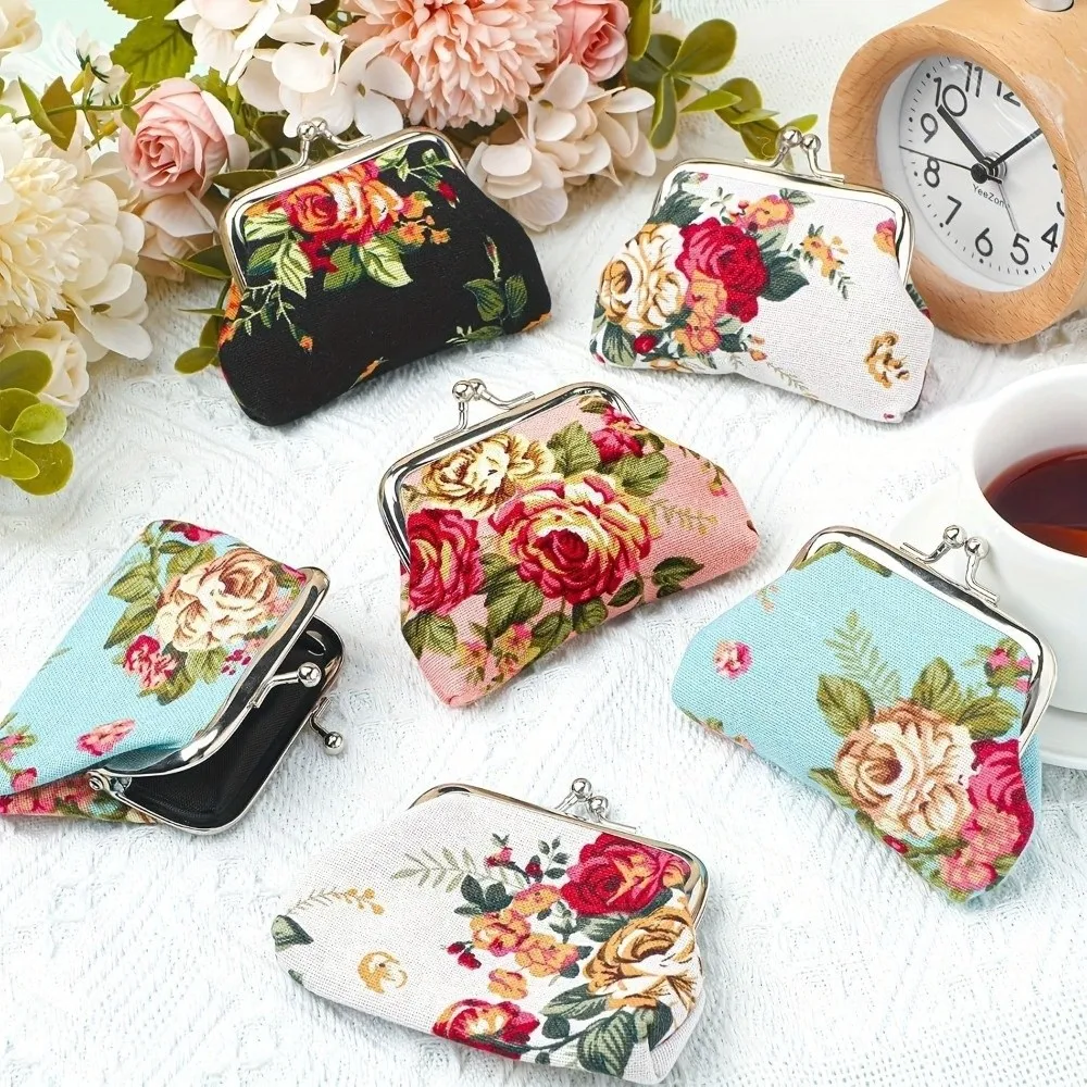 

Elegant Mini Coin Purse Canvas Metal Hasp Clutch Wallet Rose Floral Print Credit Card Holder for Women