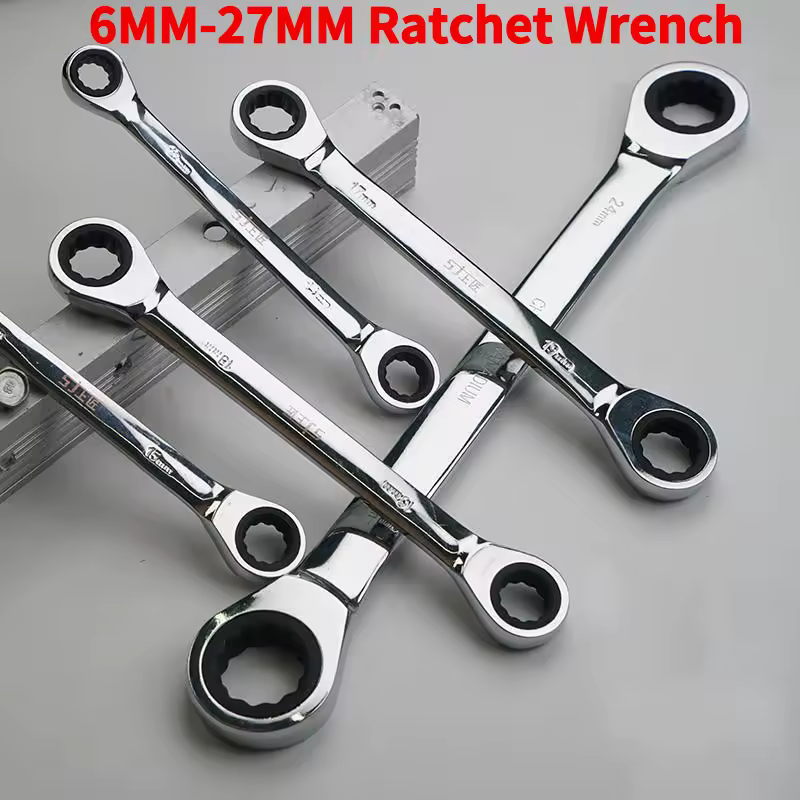 Juego de llaves de trinquete reversibles de doble cabezal, llaves combinadas de cromo vanadio de 6-27 mm para reparaciones de automóviles y bricolaje