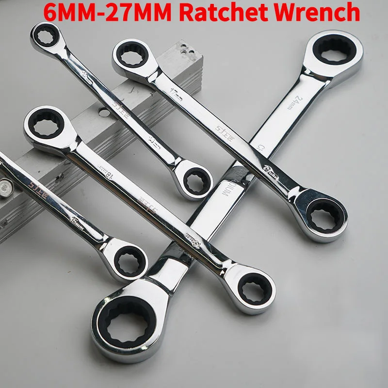 Zestaw dwustronnych kluczy grzechotkowych z podwójną głowicą - klucze płasko-oczkowe 6-27 mm z chromem i wanadowym do napraw samochodowych i majsterkowiczów