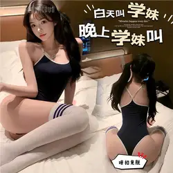 Japanese Sexy Lingerie Anime Student Cosplay Swimsuit Concealed Button Crotch Opening Backless Bodysuit Porno Party Temptation