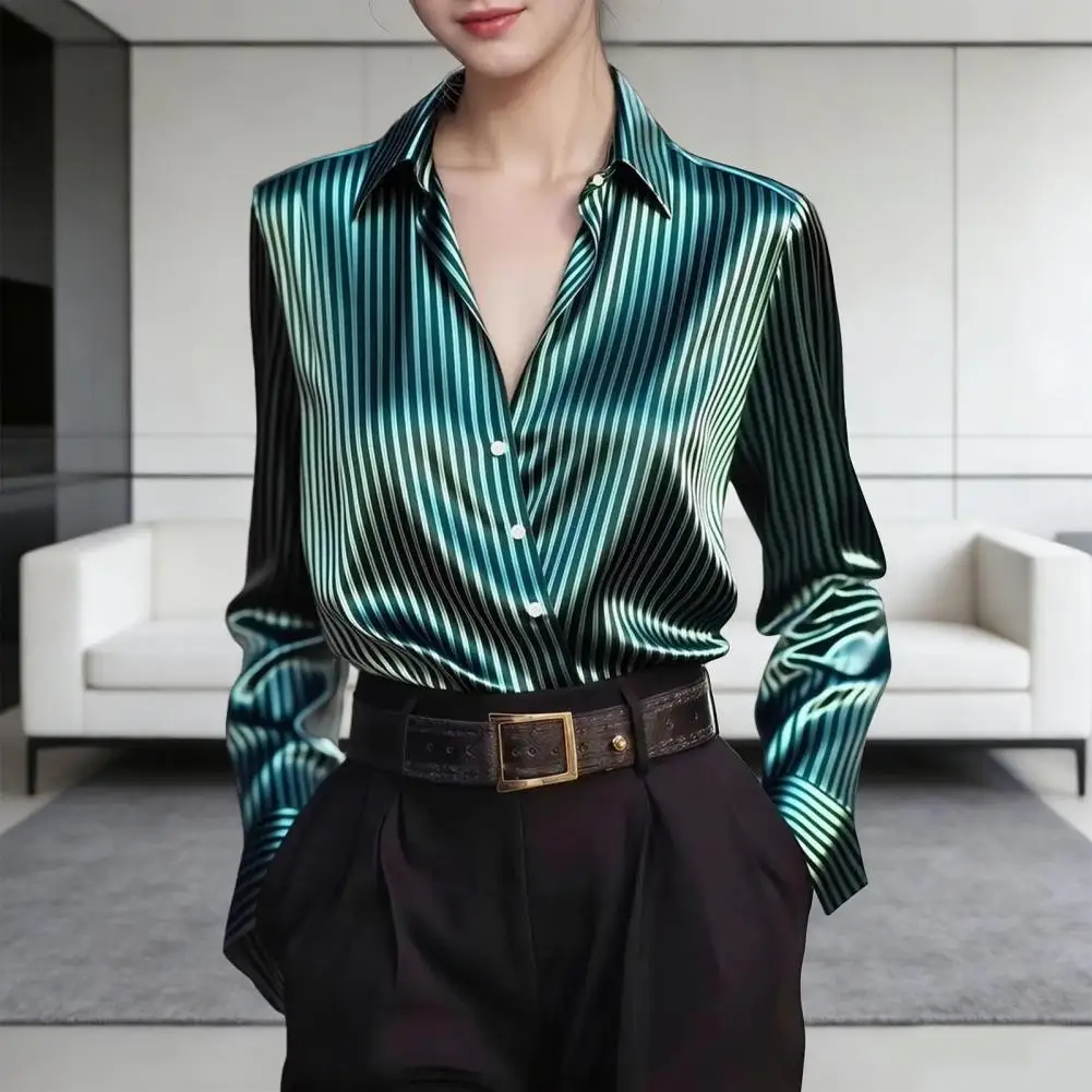 

Women Shirt Lapel Long Sleeve Buttons Placket Shirt Tops Smooth Texture Striped Print Women Blouse Loose Fit Casual Work Shirt