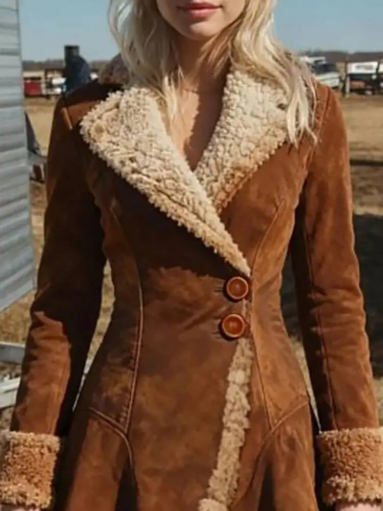 

2026 Suede Patchwork Long Sleeved Outerwear Vintage Solid Color Single Breasted Winter Jackets Casual Warm Slim Fit Women's Coat