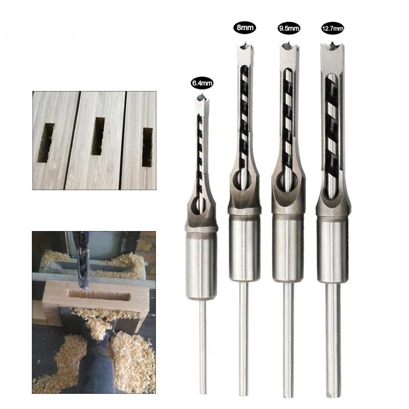 

4Pcs HSS Twist Drill Bits Square Auger Mortising Chisel Drill Set Square Hole Woodworking Drill Tools Kit Set Extended Saw LT057