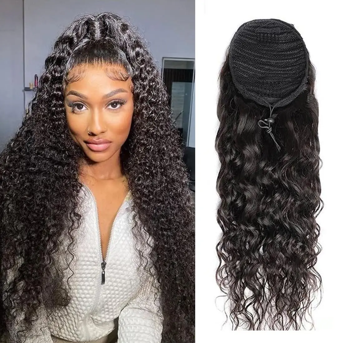 

Water Wave Drawstring Ponytail Human Hair Extensions Wrap Around Pony Tail Clip In For Women Remy Natural Black Color Wholesale