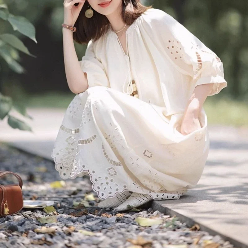 Boho ilhó bordado branco midi vestido elegante verão solto ajuste vestido estilo férias