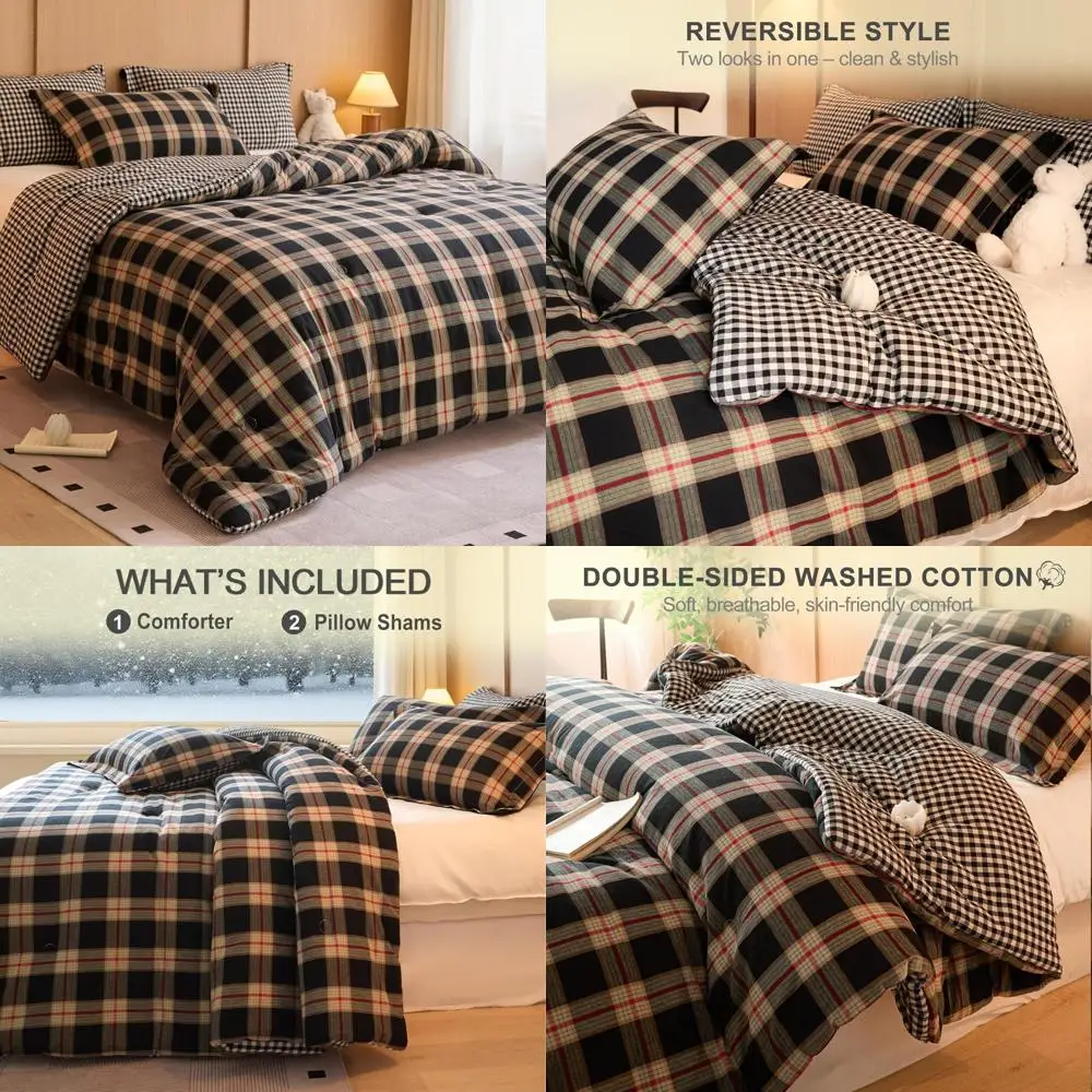 

Queen Size Cotton Comforter Set - Reversible Checkered Pattern, Soft Washed Cotton, Lightweight Design