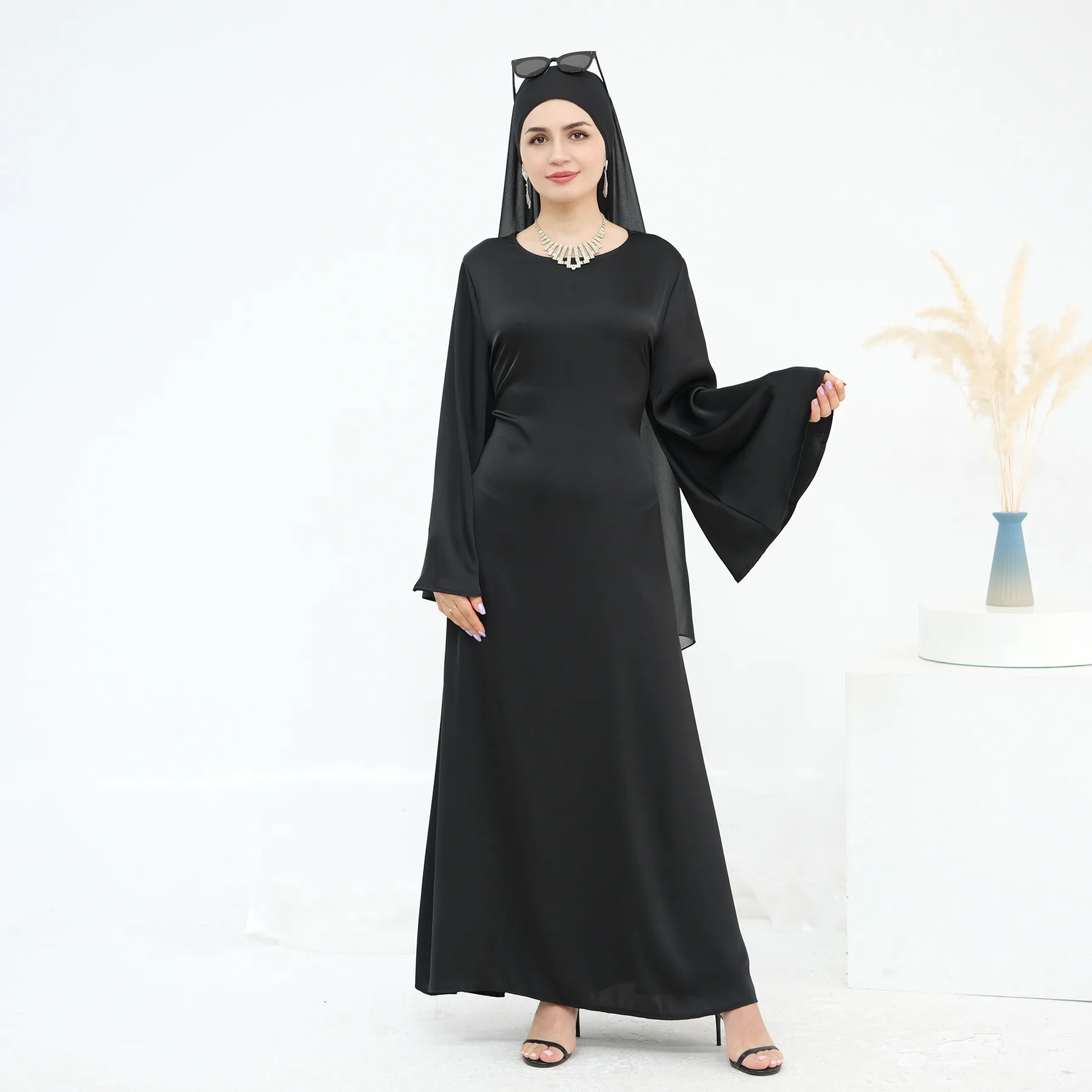 Eid Djellaba Robe musulmane dubaï pleine longueur manches évasées doux Abaya dubaï turquie Robe musulmane islamique Femme robes