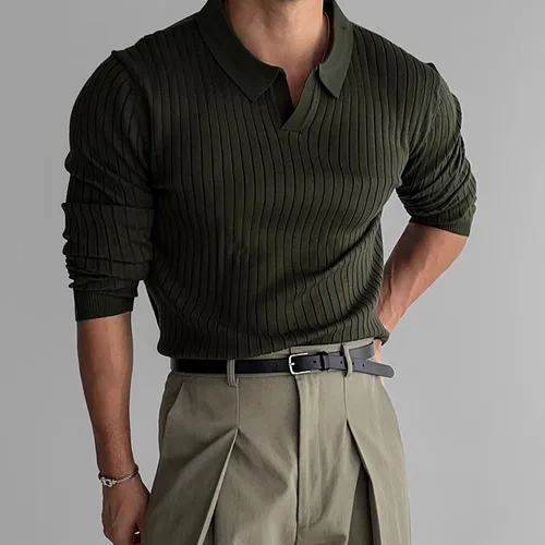 Ropa de primavera 2024 para hombre, Polo a rayas con solapa de punto Retro, Color sólido, manga larga, moda ligera, prendas de punto populares de lujo 3Xl