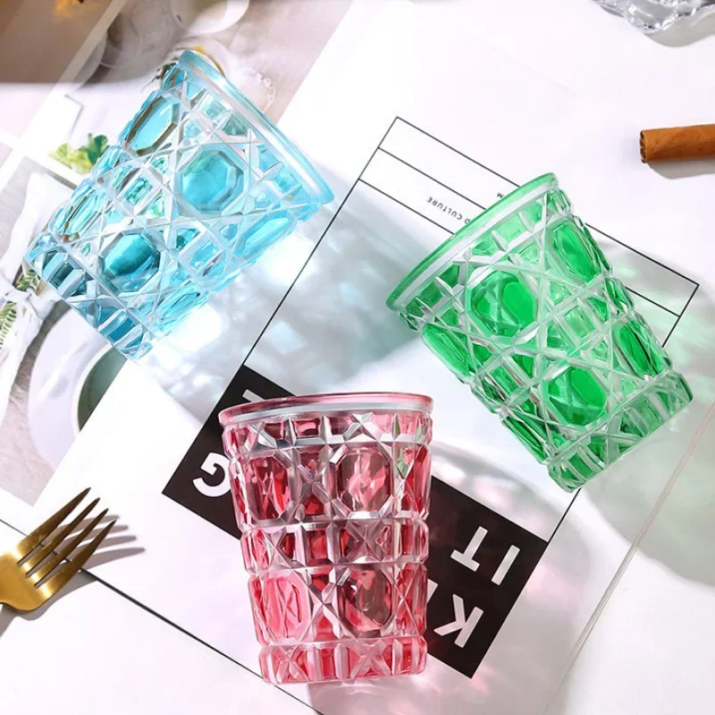 350-400ml New Style Plaid Round Wine Glass Multi-Purpose Single Layer Crystal Glasses Color Whiskey Vodka Sake Set Cup