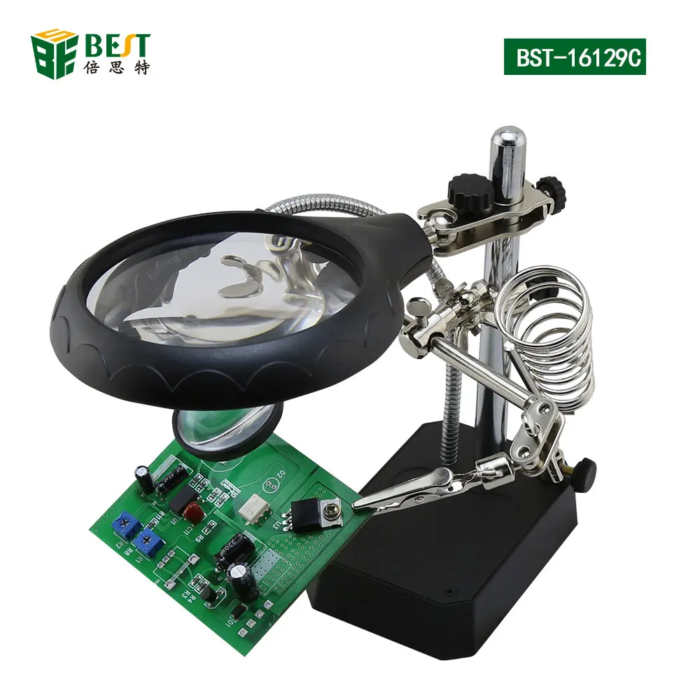 

BST-16129c Helping Hand Clip Clamp LED Magnifying Glass Soldering Iron Stand Magnifier Welding Rework Repair Holder Tools