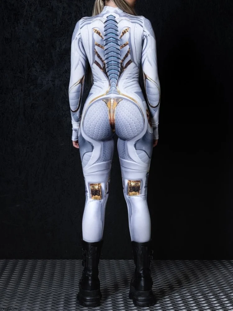 2025 Halloween Party Women's Bodysuit Cosplay Steampunk Costume Stretch Bodysuit Set Cyberpunk Mechanical Silver Armor Tights