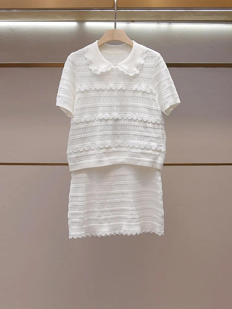 

Withered Women's Summer New Gentle Style Hollow Doll Collar Top Half Body Skirt Knitted Suit For Women