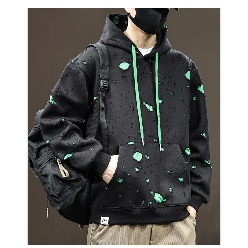 Broken hole hoodie men's 2024 autumn and winter new high-end trendy fashion design loose oversized casual loose hooded shirt