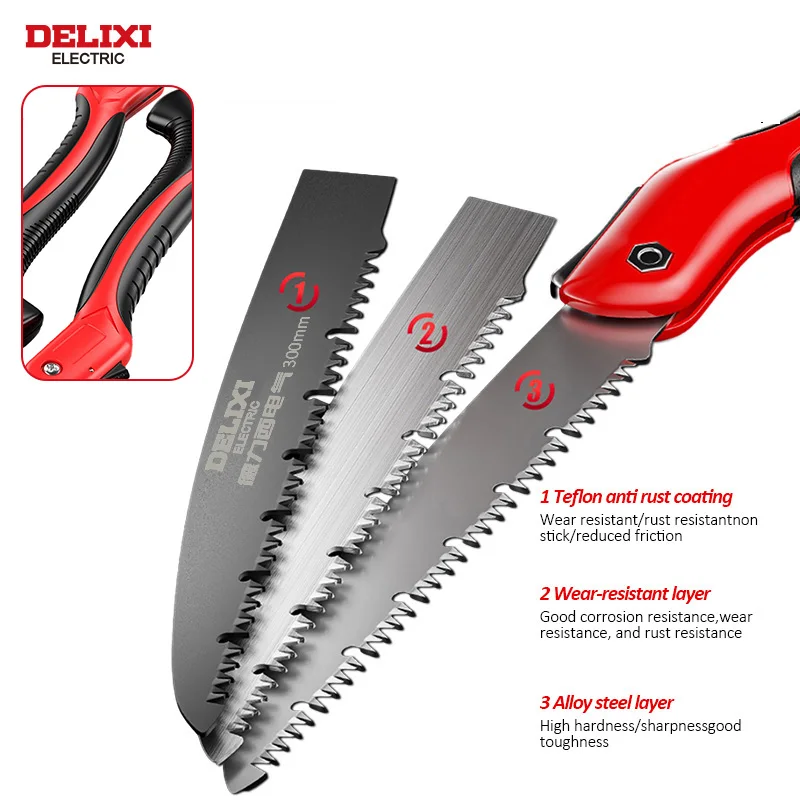 DELIXI ELECTRIC Folding Saw，SK5 steel One-button Folding Design，Sharp Cutting Wood,Camping DIY,Garden Saw,Tree Chopper Knife