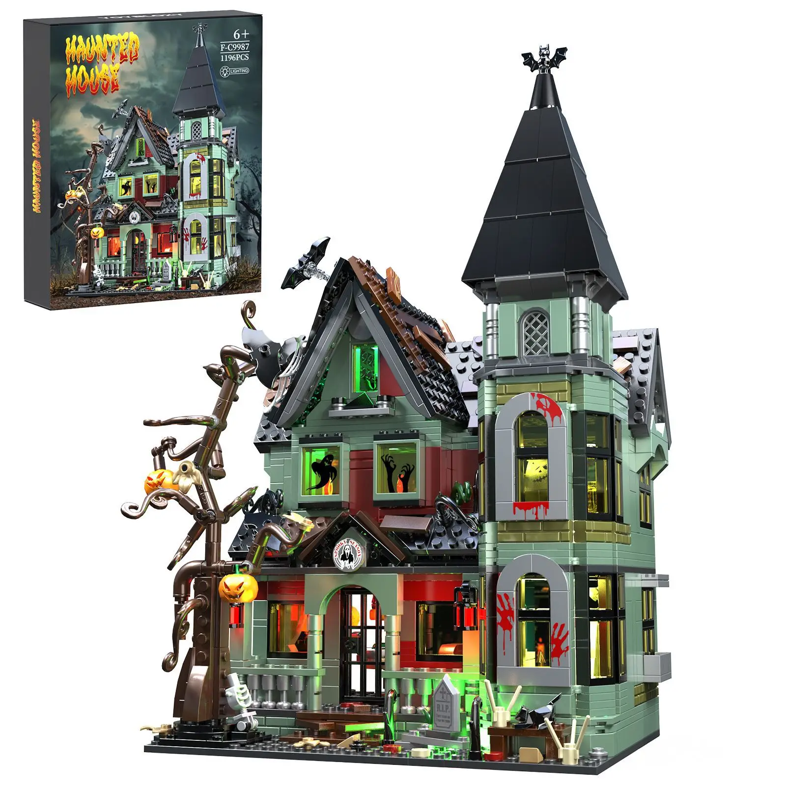 MOC-Juego de bloques de construcción de Casa Haunts para Halloween, Festival, atmósfera de Terror, casa, arquitectura, modelo, rompecabezas para niños, juguetes, regalo de cumpleaños