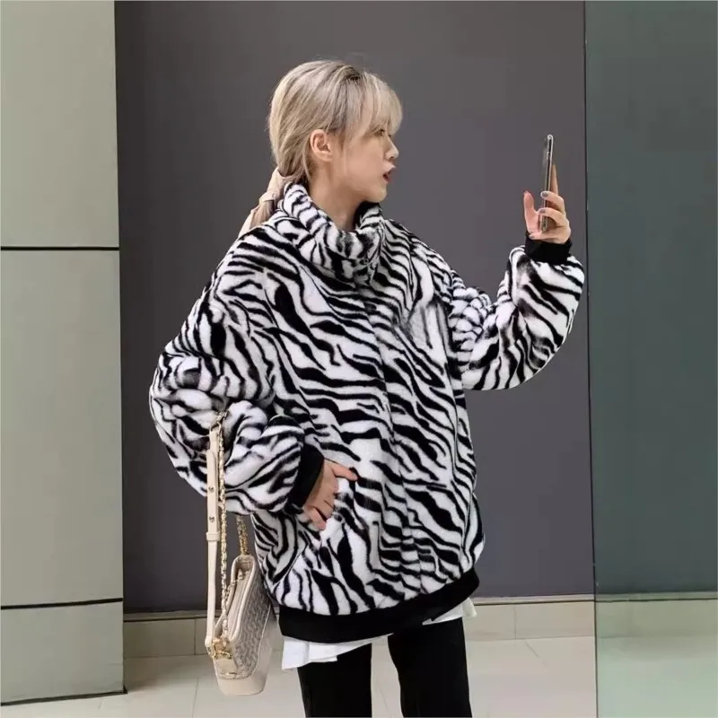 معطف فرو وصوف مختلط كبير الحجم بنمط جديد وياقة واقفة وسحاب ملابس نسائية بأنماط ملولبة #3