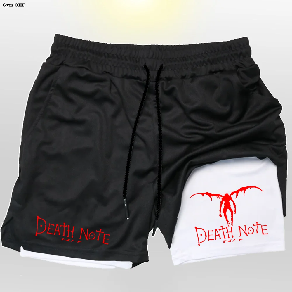 Men's Sports Shorts Anime Death Note Printing GYM Casual Sport Compression Shorts Workout Running Mesh 2 in 1 Shorts Rashgard