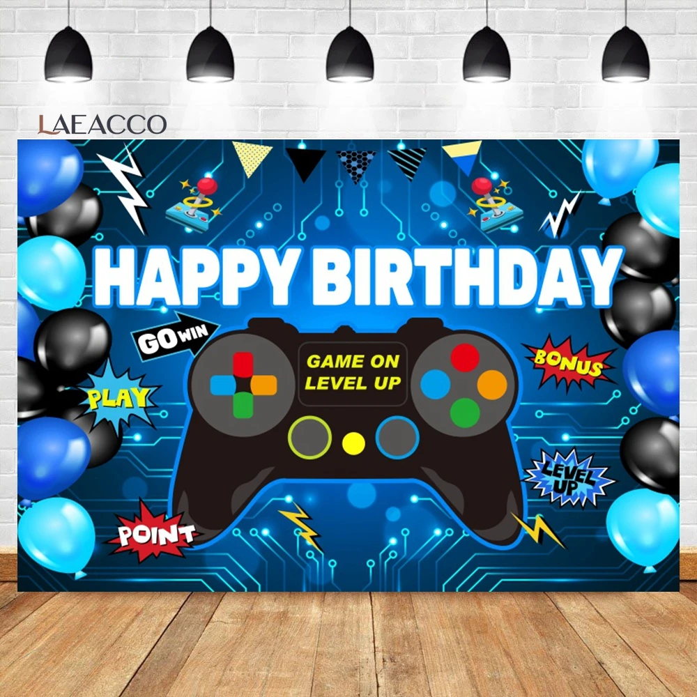 

Laeacco Game On Birthday Photography Backdrop Level Up Game Boys Room Wall Decor Baby Shower Kids Portrait Customized Background