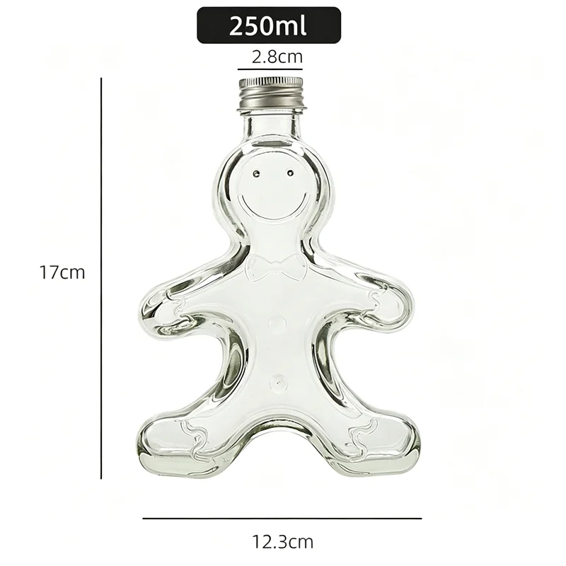 50 Pack 250ml Gingerbread Man Glass Bottles Christmas Beverage Liquor Syrup Honey Storage Bottle With Aluminum Lid Holiday Gift