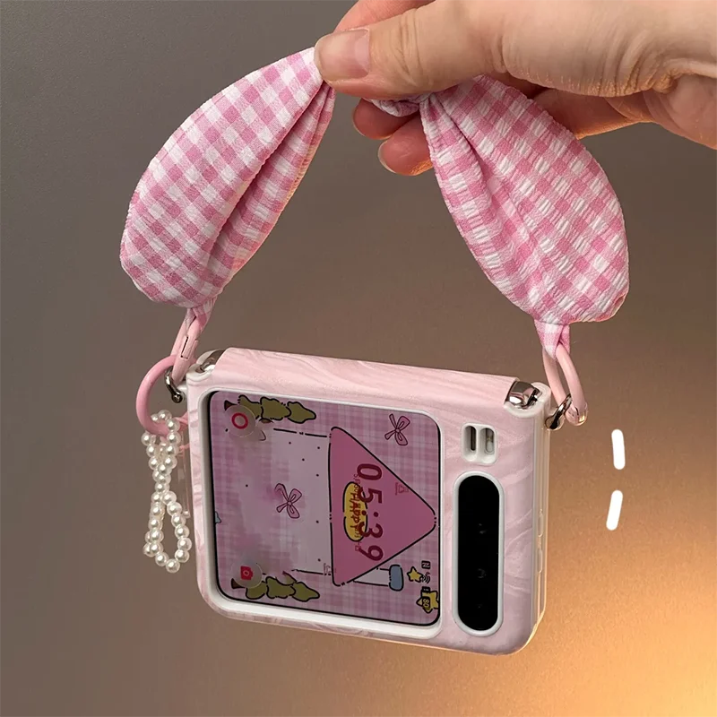 Cute Pink Plaid Bow Hand Strap Leather Phone Case For Samsung Z Flip 7 6 5 Xiaomi Mix Flip Magic V Flip 2 with Crossbody Lanyard