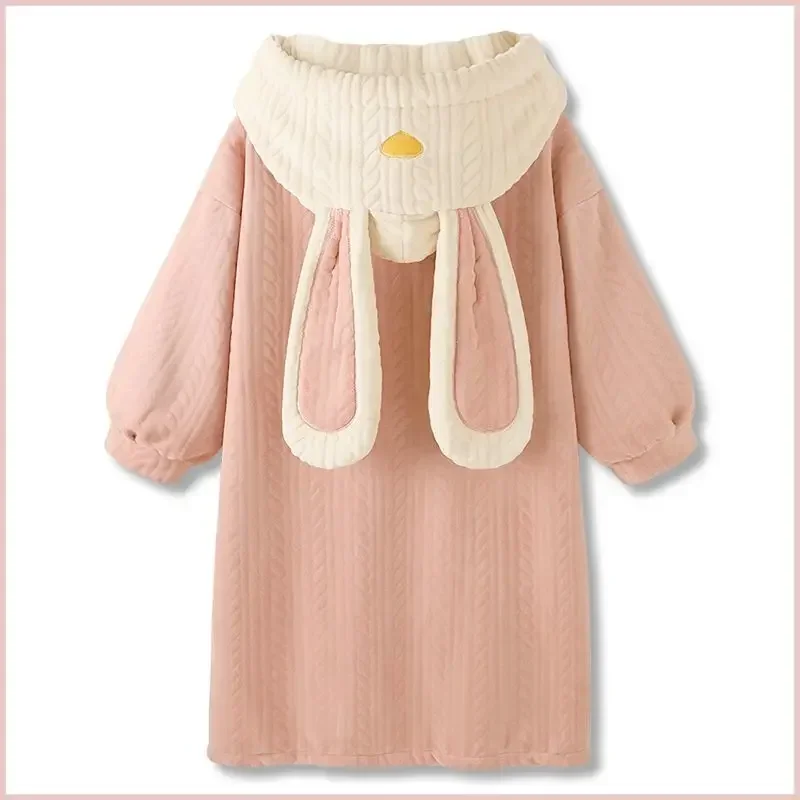 Sweet Girls Kawaii Bunny-ears Hooded Sleepwear Bathrobe Thick Fleece Long Sleeved Loungewear Single-breated Soft Bobes for Women