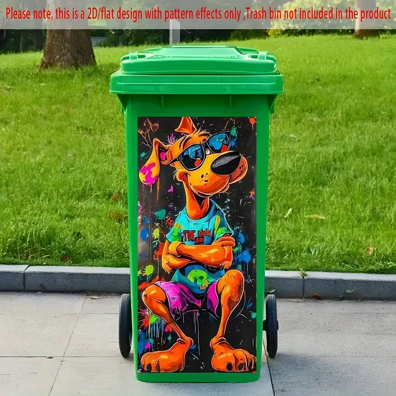 1 2D flat trash can sticker, cool glasses dog design, suitable for outdoor trash cans and kitchen wall decoration