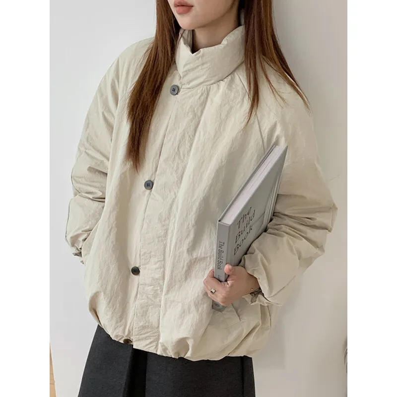 YERMORA البيج سستة جيب موجز عادية أسفل معطف للنساء الوقوف طوق كم طويل فضفاض جديد سترة موضة المد شتاء 2025