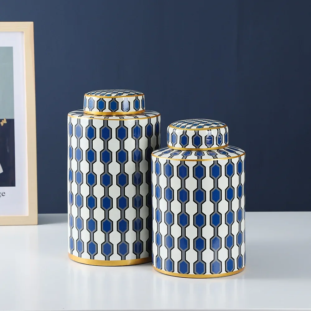 Blue Check Jar with Cover Desktop Organizer Ceramic Handicraft Ornaments Flower Vase Arrangement Accessories