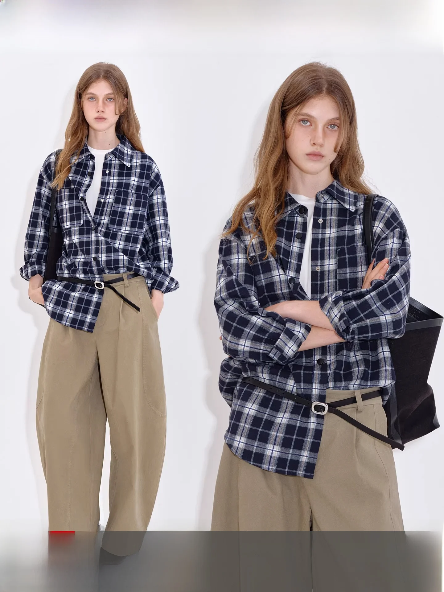 

Fano Casual Loose Feel irt Women's Top Color Woven Flannel Four Button Relaxation Sense Long Sve Cotton Polyester Blend