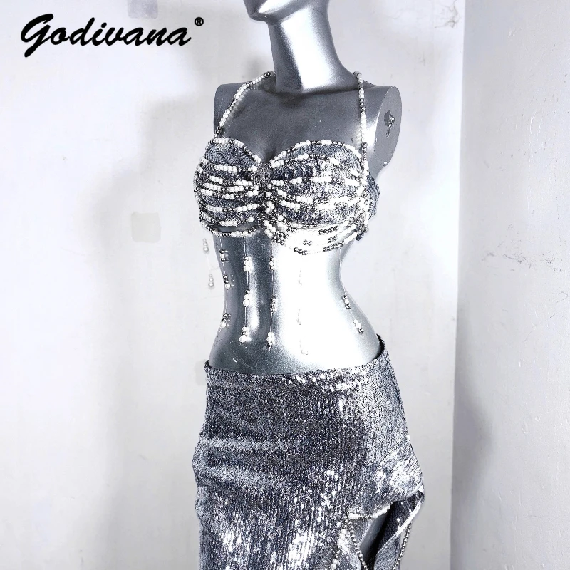 

Original Punk Gothic Women's Glitter Pearl Chain Embellished Beaded Bra Camisole Top Split Long Skirt Women's Cos Sexy Skirt Set