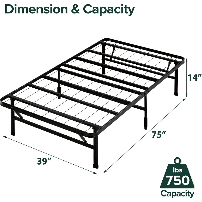 Mattress Foundation, 14 Inch Metal Platform Bed Frame, No Box Spring Needed, Sturdy Steel Frame, Underbed Storage, Black, Twin