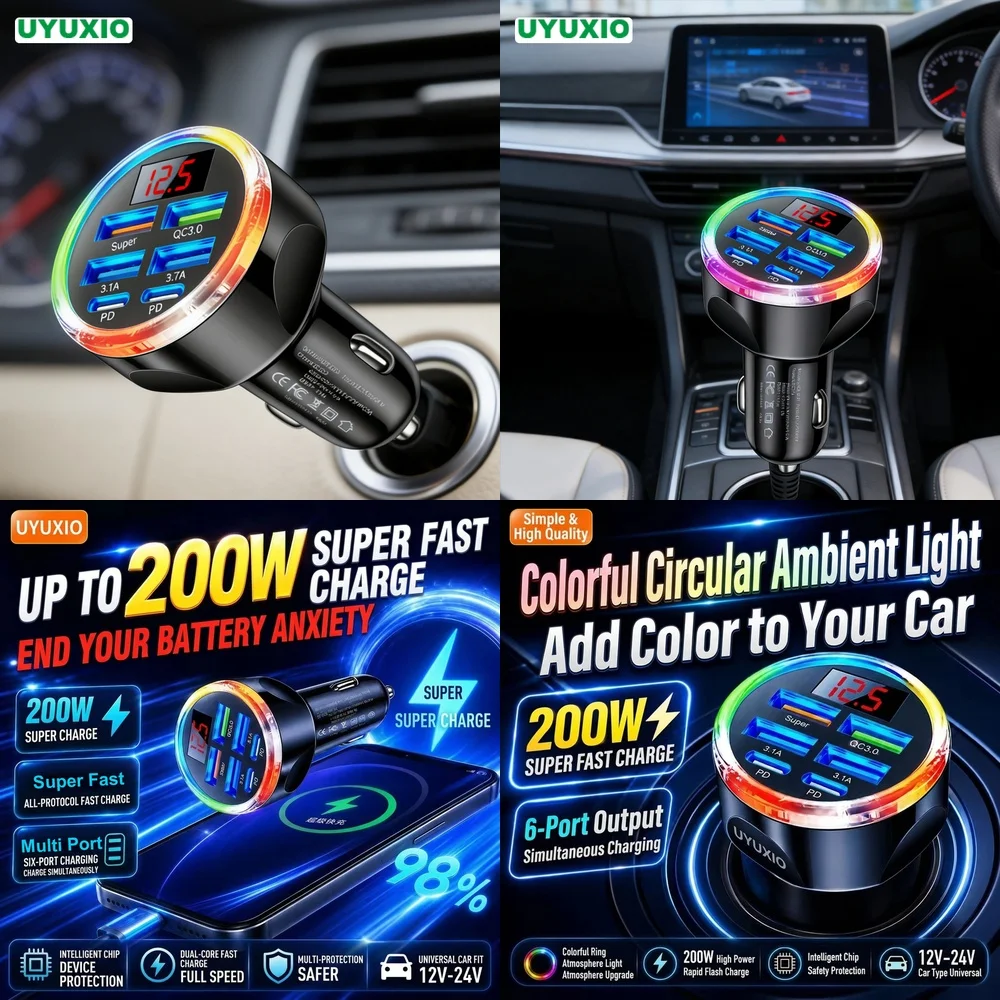 Fast Charging 6 Ports Car Adapter New Products 2026 for iPhone 18 17 16 Samsung S26 S25 S24 with LED Digital Voltage Monitor Hub