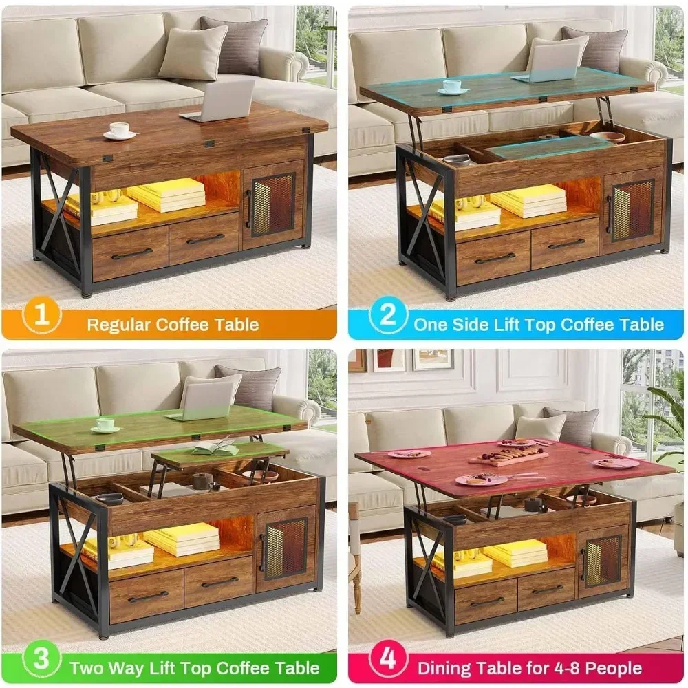 Table basse de ferme avec armoire de rangement, table basse élévatrice, table basse de 40 po, tables basses 4 en 1, 2 égouts de proximité en tissu, lumière LED