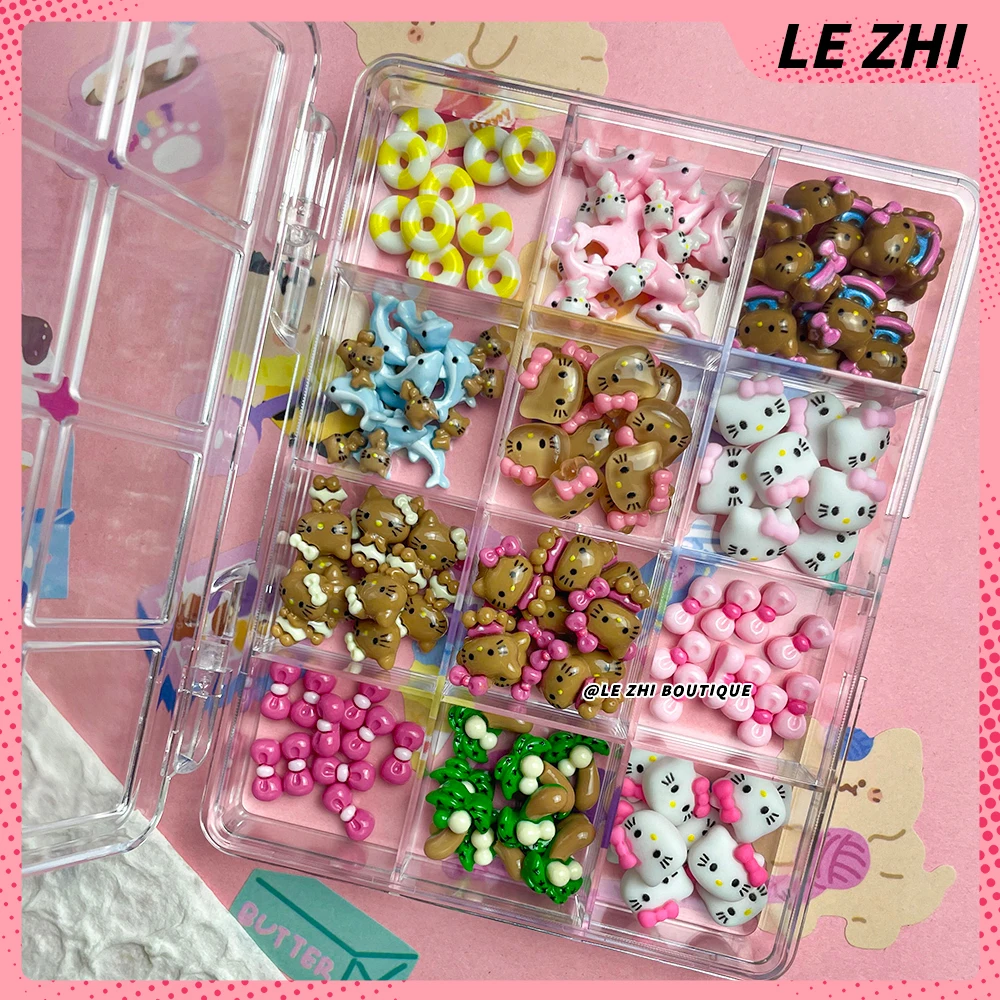 120pcs Boxed Kawaii Black Skin Hello Kitty Nails Art Charms Accessories Hawaii Dolphin KT Coconut Tree Bow DIY Resin Accessories