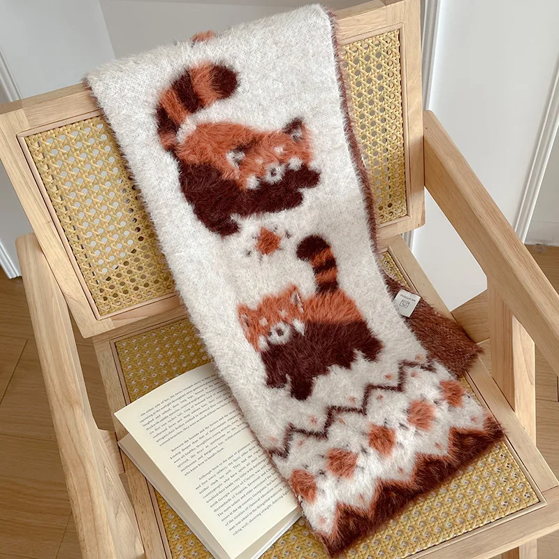 

Japanese Cute Raccoon Pattern Scarf Lolita Cartoon Red Panda Plush Scarf Autumn Winter Thicken Warm Neck Scarf
