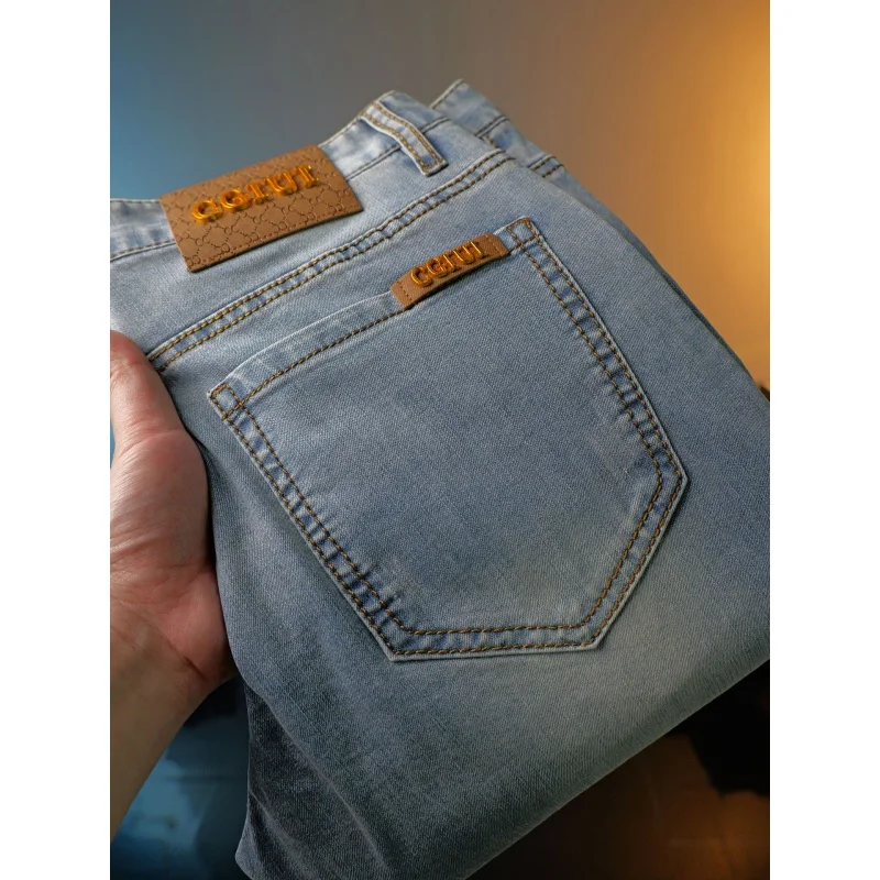 Light Blue Jeans Men's Summer Thin Light Luxury Stretch Slim Fit Versatile High-End and Fashionable Simple Casual Trousers