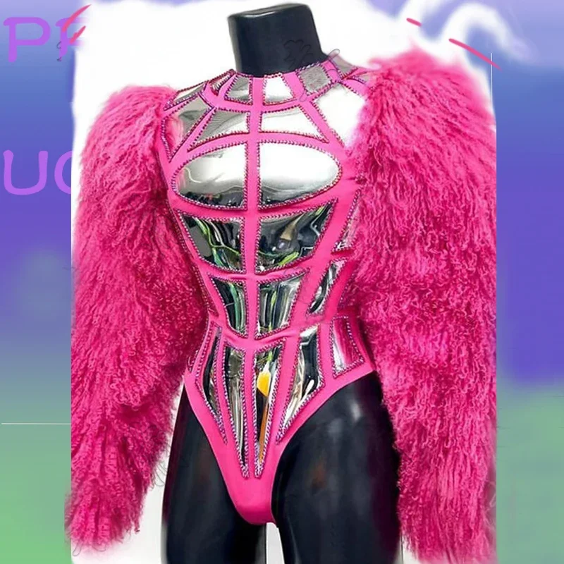 

Pink Feather Sleeves Silver Mirror Bodysuit Gogo Dancer Costume Women Jazz Rave Outfit Dj Ds Stage Performance Wear