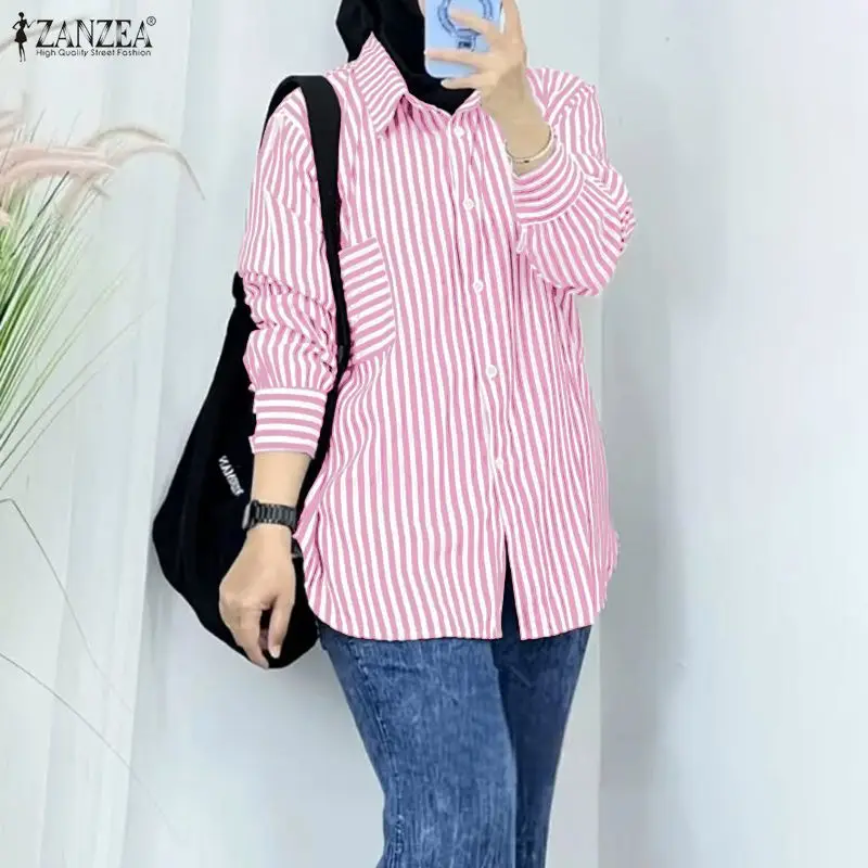 

Woman Muslim Fashion Oversize Shirts Collared Long Lantern Sleeve Button Up Long Chemises Femme ZANZEA Islamic Hijabs Loose Tops