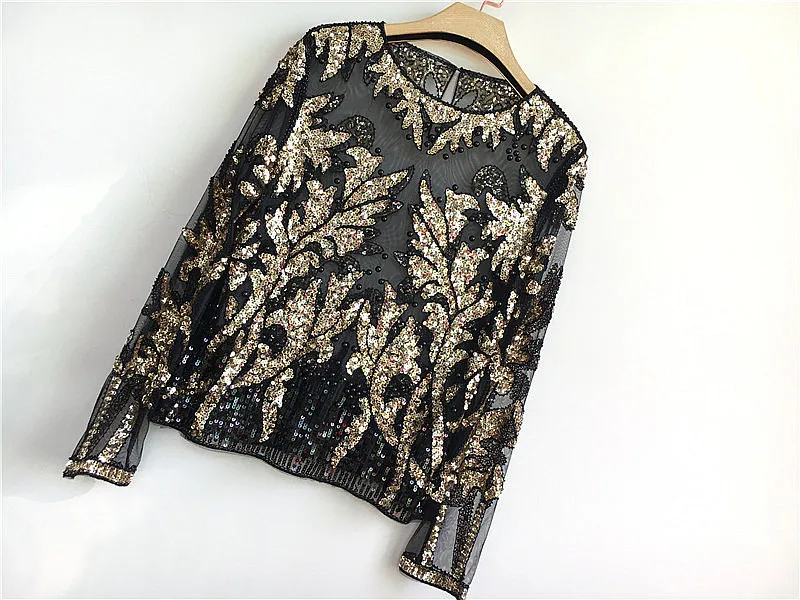 Sexy Sequined embroidery Rose Flower Shirt shiny Transparent gauze Heavy Beading Blouses blusa camisa luxury party club Tops