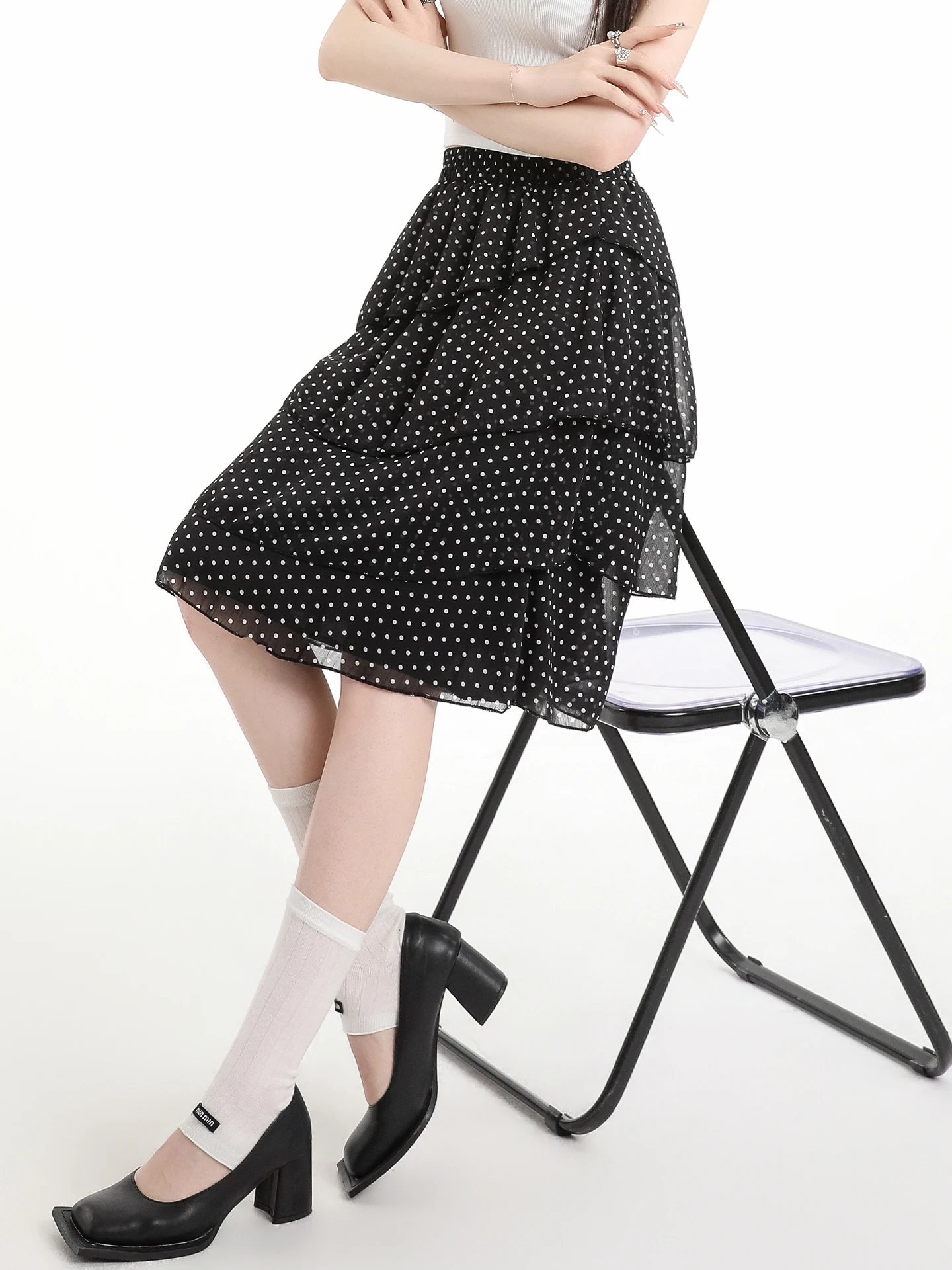 

Черная юбка-полусолнце из фатина в горошек для женщин, летняя асимметричная кружевная юбка до колена из полиэстера, стандартный крой