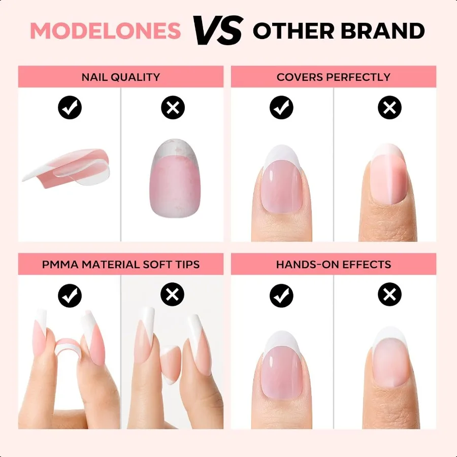 Franse Tip Pr op Nagels 150 Stuks Korte Amandel Nepnagels met Nageldoos Roze Gel Nageltips voor Vrouwen Zachte Lijmnagels voor Natuurlijk