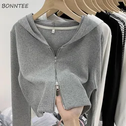 Hoodies Women Solid Double-ended Zipper Design Chic Long Sleeve Spring Cropped Casual Ins Students Daily Simple Classic Popular