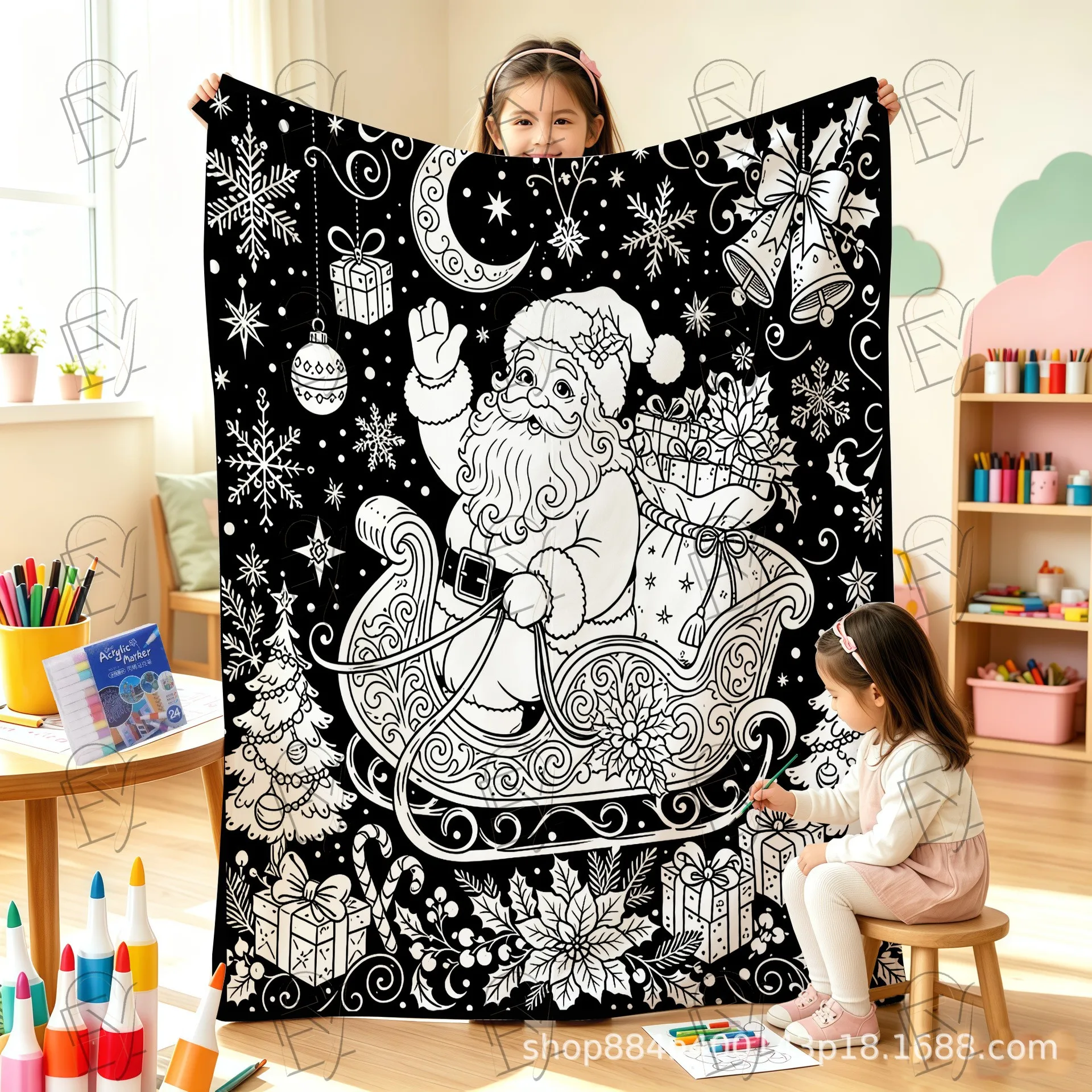 DIY Coloring Blanket Gothic Black Background Santa Claus Lantern Midnight Line Art Microfleece Bed Blanket