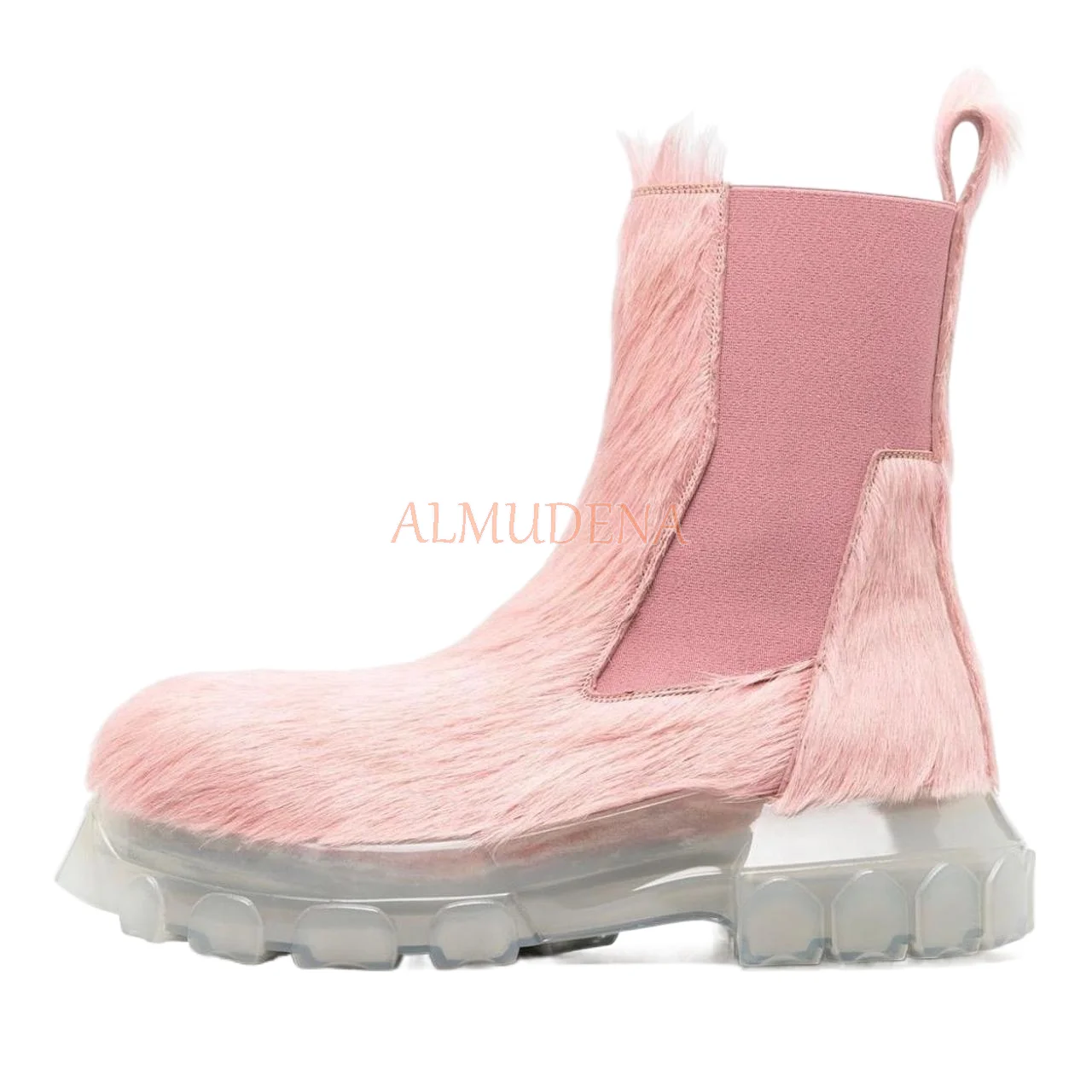 

Pink Horse Hair Chelsea Boots Women Thick Clear Sole Black Real Leather Pull on Ankle Boots Luxxury Designer Winter Boots 2023