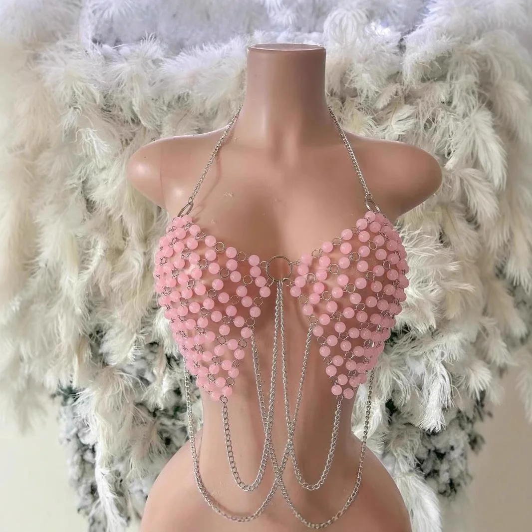 

Sexy Club Girl Beaded Metal Chain Crop Top Women's Faion Bal A-Line Narrow Strap Vest ort Length Super Trendy